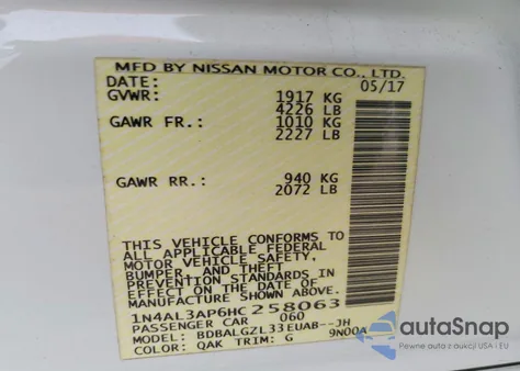 2017 Nissan Altima 2.5 z USA, uszkodzony, nr VIN 1N4AL3AP6HC258063